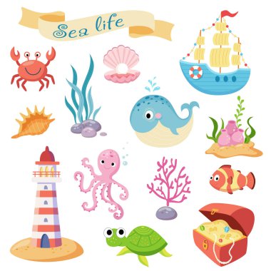 Beyaz arkaplan vektör illüstrasyonu üzerine kurulu şirin deniz canlıları koleksiyonu