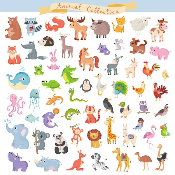 Gran conjunto de animales vector lindo sobre fondo blanco — Vector de stock