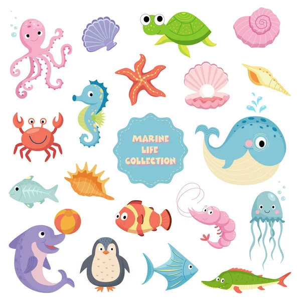 Vida marinha criaturas desenhos animados animais definido no fundo branco vetor ilustração —  Vetores de Stock