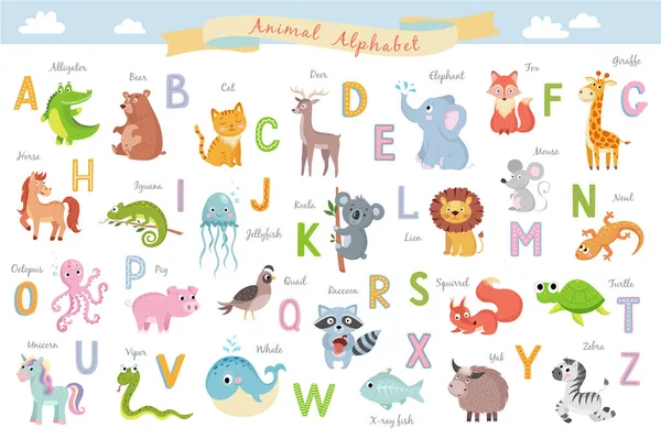 Alfabeto animal inglés lindo en la ilustración del vector de fondo blanco — Vector de stock