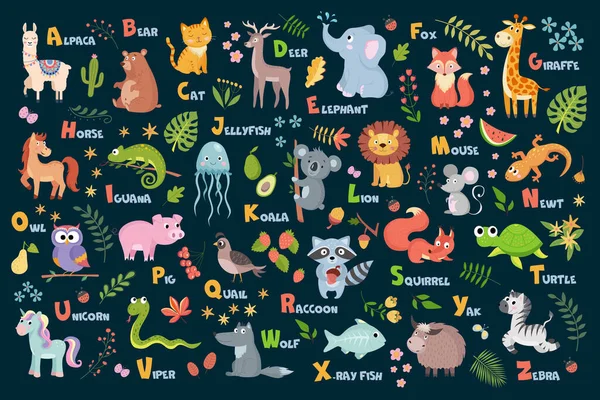 Alfabeto animal inglés lindo con frutas, bayas y hojas en la ilustración vector de fondo oscuro — Vector de stock