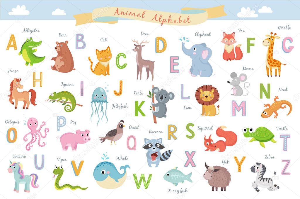 alfabeto animal inglés lindo en la ilustración del vector de fondo