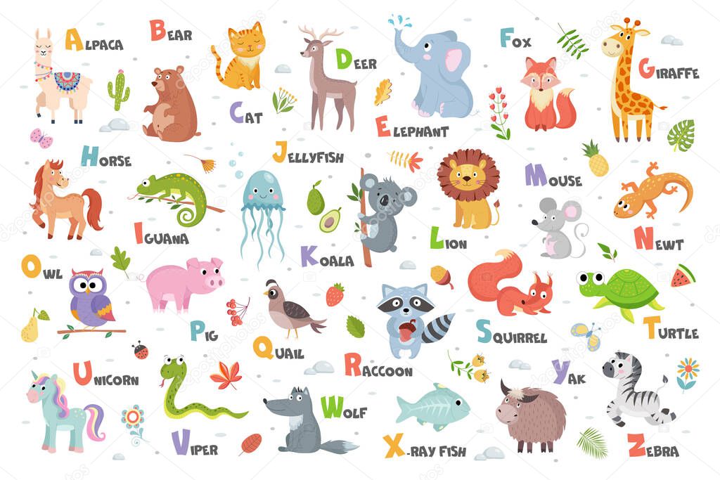 alfabeto animal inglés lindo con frutas, bayas y hojas en la