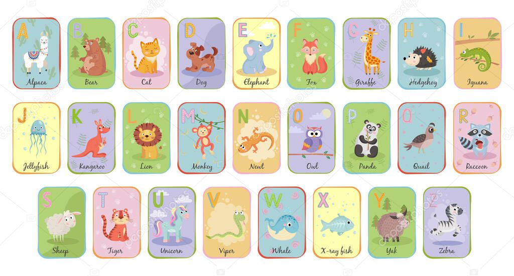 alfabeto animal inglés lindo con diferente fondo en la ilustración del
