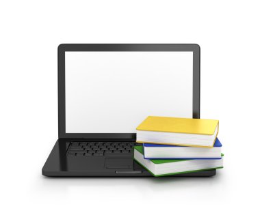 laptop ve üzerinde beyaz izole kitap