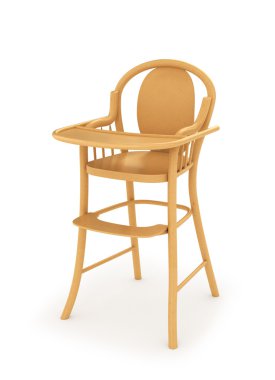 Ahşap beyaz izole sandalyesi bebek besleme için. 3D illustr