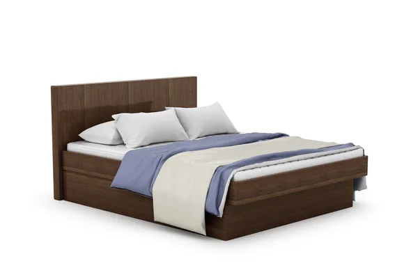 Деревянная кровать с матрасом и постельным бельем. 3d иллюстрация — стоковое фото