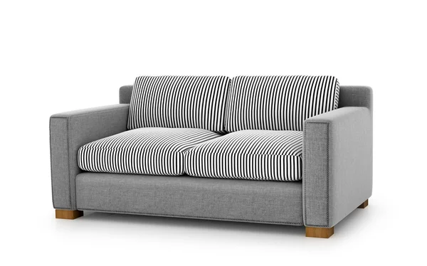 Серый диван с полосатыми подушками изолирован на белом фоне. 3 недели — стоковое фото