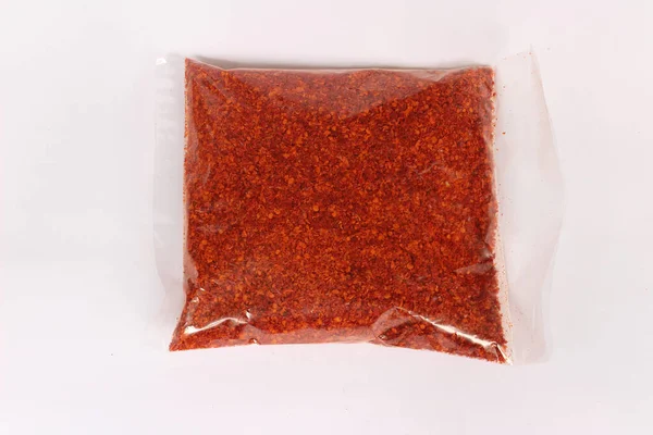 Rött Chilipulver Genomskinligt Plastpaket — Stockfoto