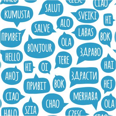 Seamless pattern with speech bubbles with the word hello in different languages clipart