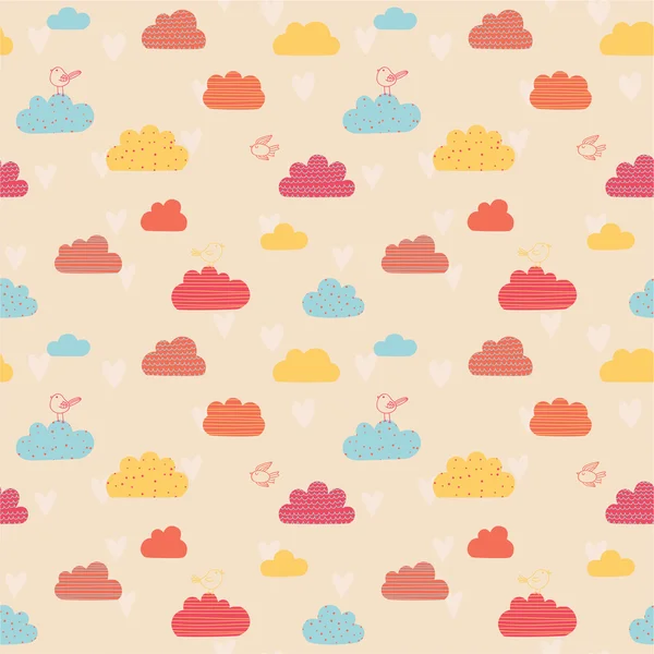 Cute seamless pattern with clouds, hearts and birds. — Stock Vector