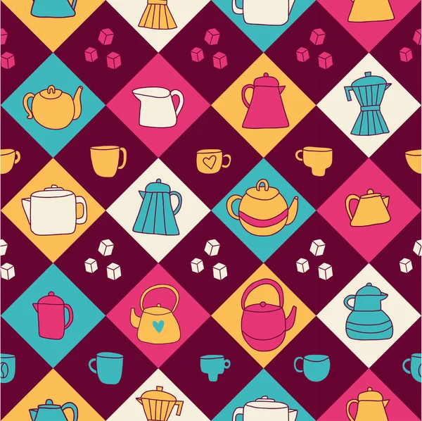 Different tea and coffee cups, pots background. — Stock Vector