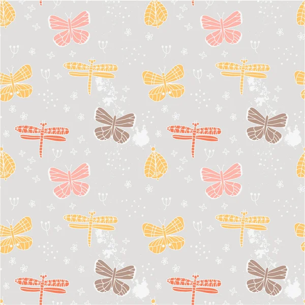 Cute hand drawn pattern with butterfly and flower. — Stock Vector