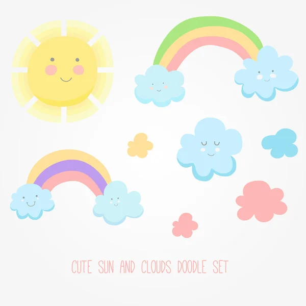 Ensemble de mignon soleil, nuage et illustration arc-en-ciel — Image vectorielle