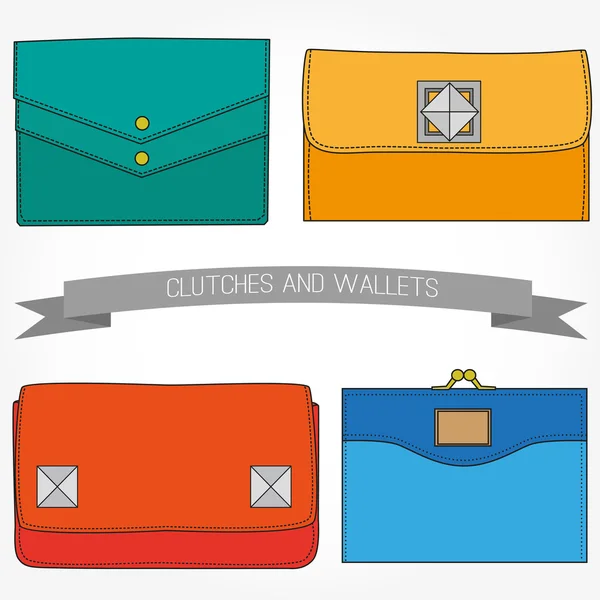 Set of accessorize. Wallets and clutch different outline. — Stock Vector