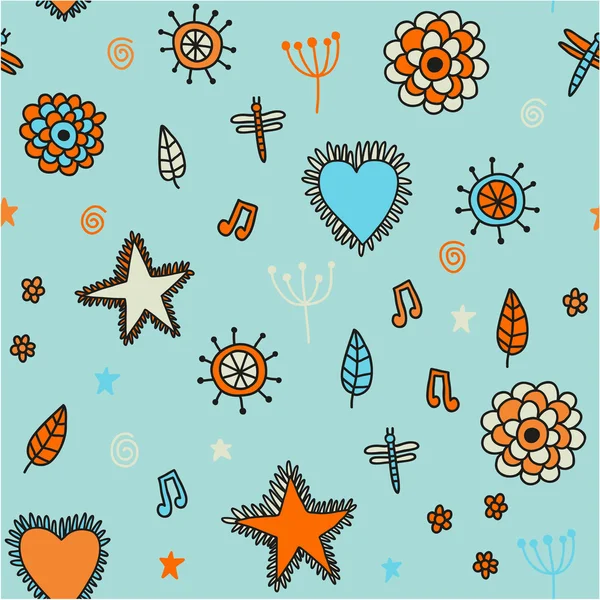 Mignon motif sans couture avec des fleurs coeurs et étoiles — Image vectorielle