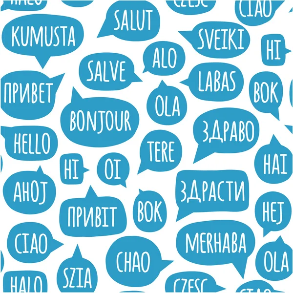 Patrón sin costuras con burbujas de voz con la palabra hola en diferentes idiomas — Vector de stock