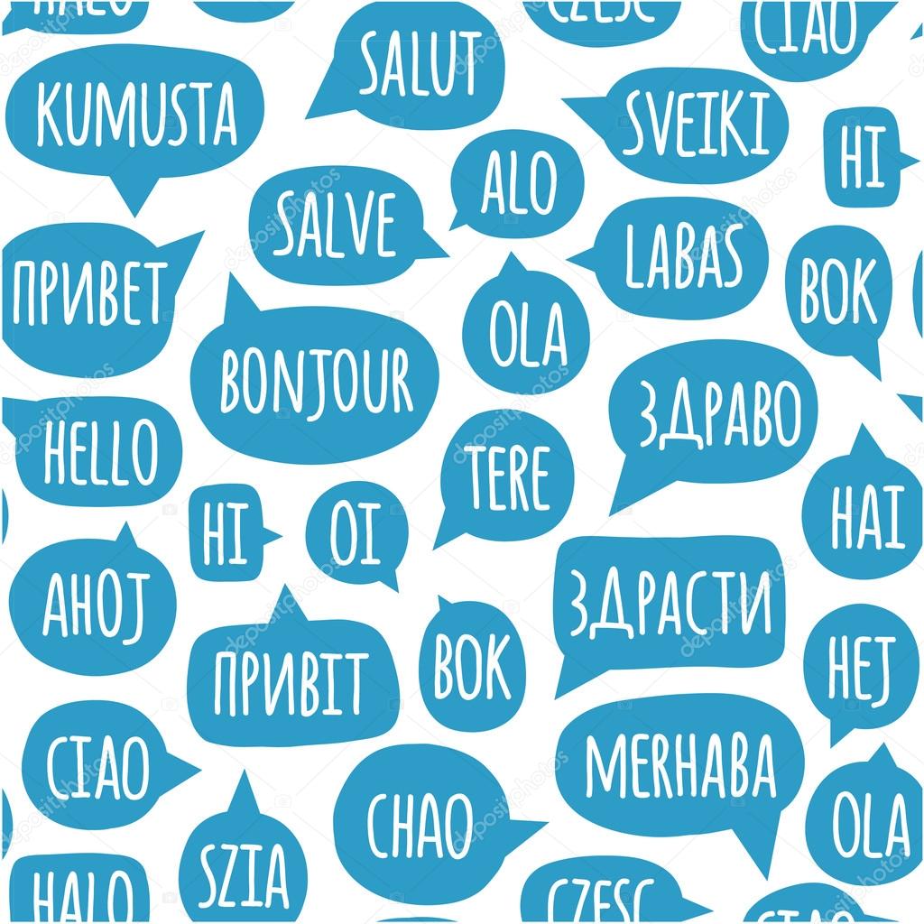 Seamless pattern with speech bubbles with the word hello in different languages