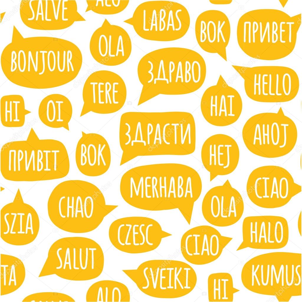 Seamless pattern with speech bubbles with the word hello in different languages