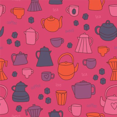 farklı çay ve kahve fincanı, tencere arka plan