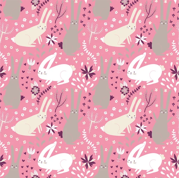 Cute seamless pattern with bunnies and plants. Floral background with rabbits — Stock Vector