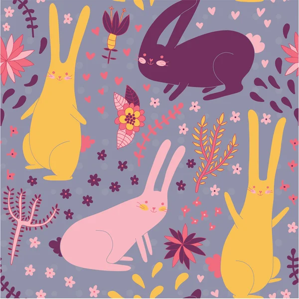 Cute seamless pattern with bunnies and plants — Stock Vector
