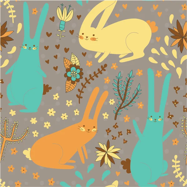 Cute seamless pattern with bunnies and plants — Stock Vector