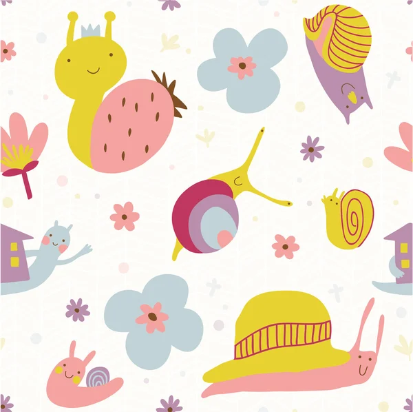Mignon motif sans couture avec des escargots et des fleurs . — Image vectorielle