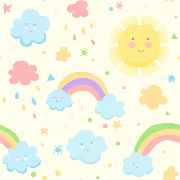 Söta seamless mönster med moln, sol och regnbåge. — Stock vektor