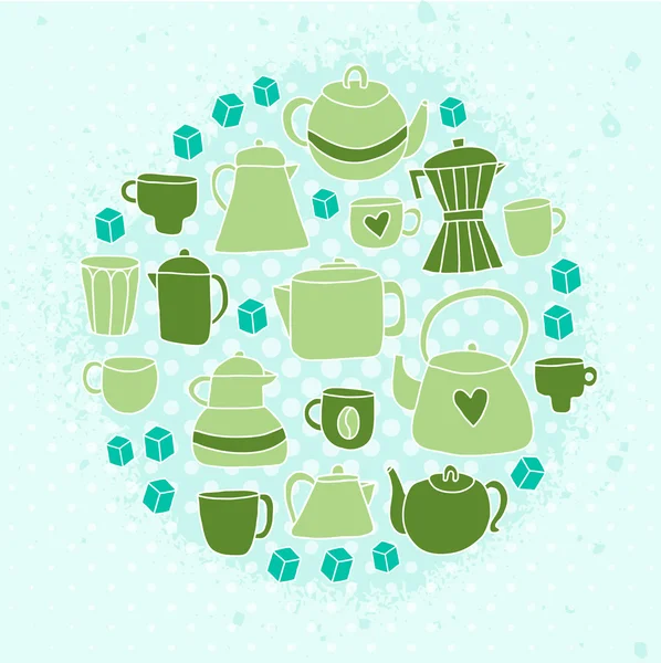 Diferentes tazas de té y café, fondo de macetas — Vector de stock