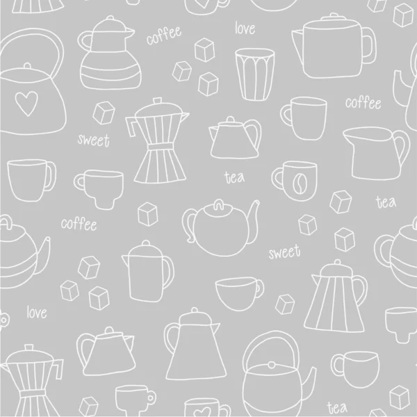 Different tea and coffee cups, pots background — Stock Vector