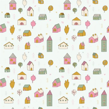 evler ve ağaçlar desen