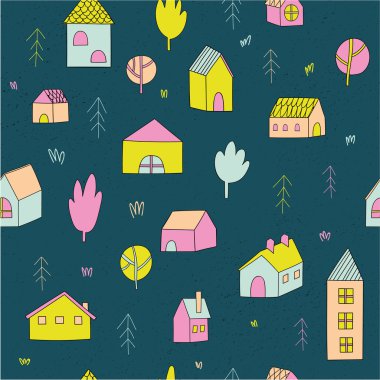 evler ve ağaçlar desen