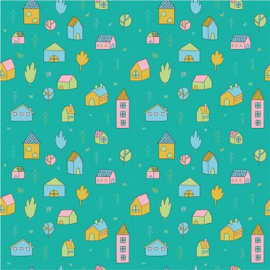 evler ve ağaçlar desen