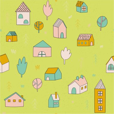 evler ve ağaçlar desen