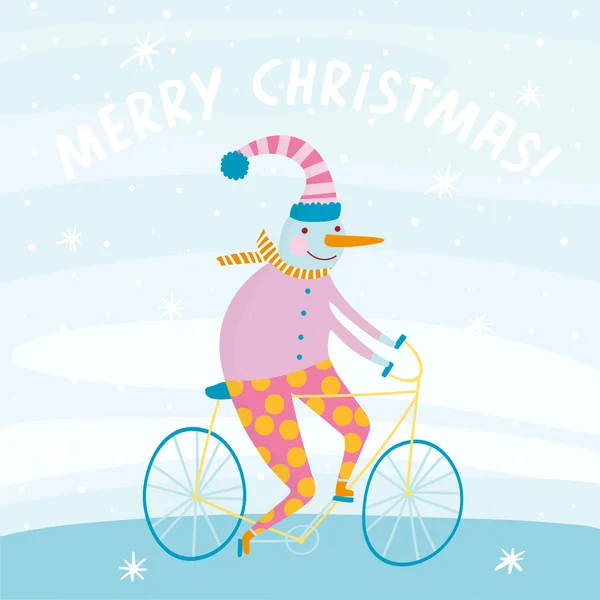 Snowman on bicycle — Stock Vector