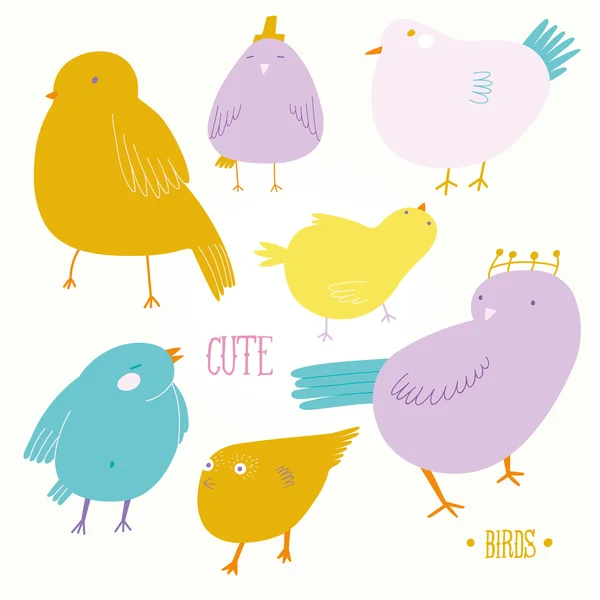 Lindas aves de dibujos animados en colores pastel — Vector de stock