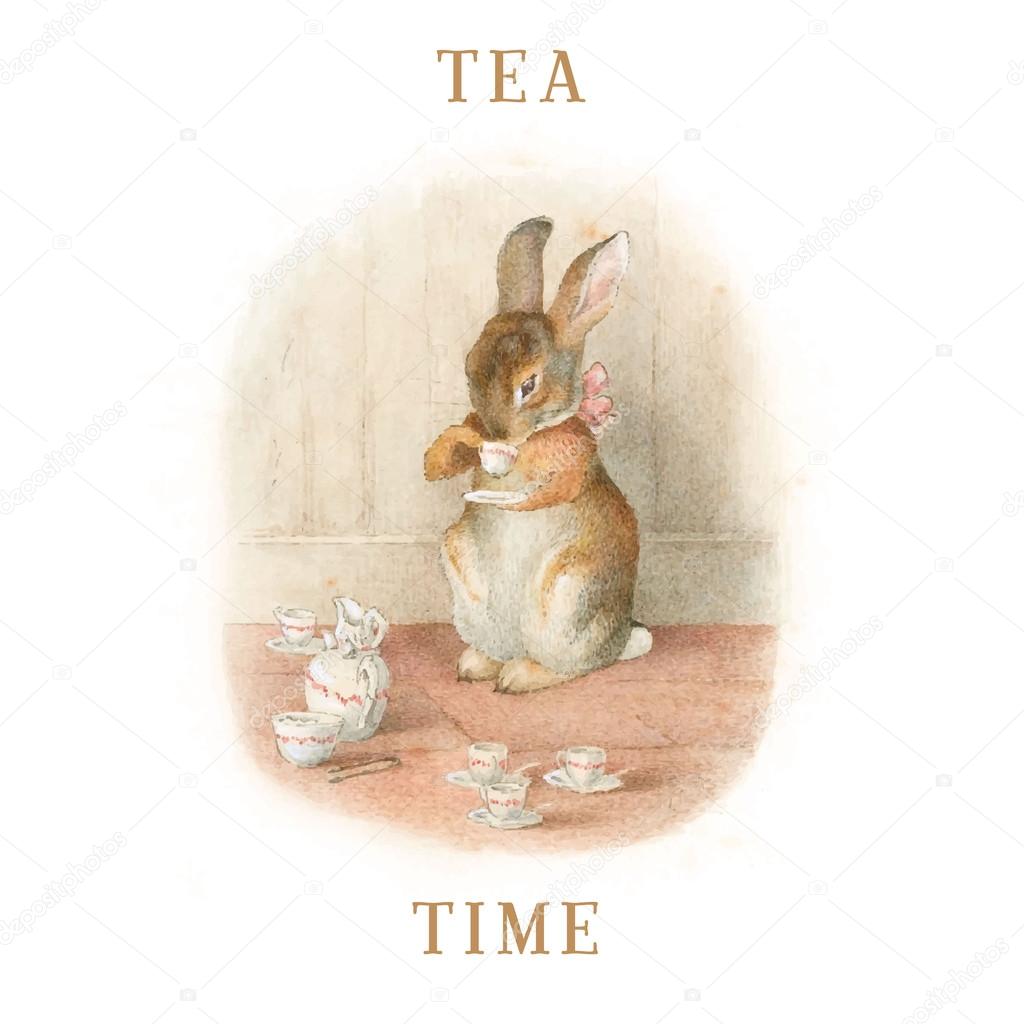 Illustration with bunny drinking tea. — Stock Vector © iliveinoctober