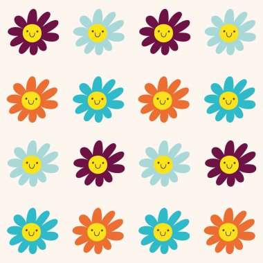 Seamless pattern with smiley daisies.