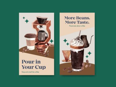 Sosyal medya ve dijital pazarlama suluboya vektörü için uluslararası kahve günü konsept tasarımı ile Instagram şablonu