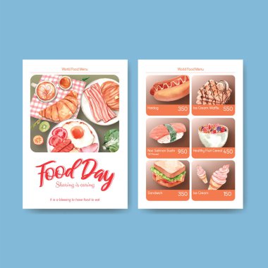 Restoran ve yemek dükkanı suluboya vektosu için dünya gıda günü konsepti tasarımı ile birlikte menü şablonu