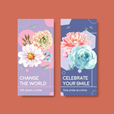 Dünya gülümseme günü broşürü ve suluboya vektör illüstrasyonu pazarlama konsepti için çiçek buketi tasarımı içeren el ilanı şablonu