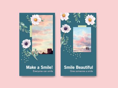 Instagram şablonu çiçek buketi tasarımı sosyal medya ve topluluk suluboya vektör çizimi için gülen gün konsepti