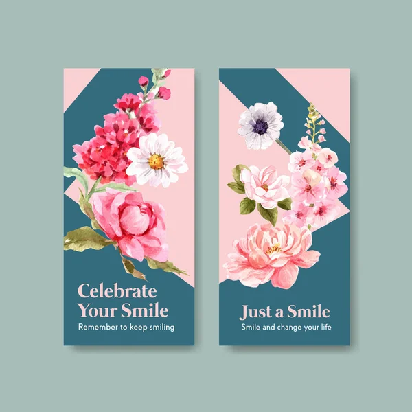 Dünya gülümseme günü broşürü ve suluboya vektör illüstrasyonu pazarlama konsepti için çiçek buketi tasarımı içeren el ilanı şablonu