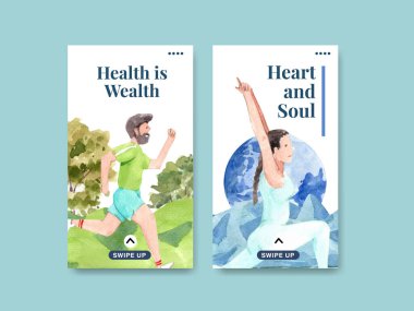 Sosyal medya ve çevrimiçi pazarlama suluboya vektörü için dünya akıl sağlığı günü konsepti tasarımı ile Instagram şablonu