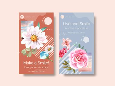 Instagram şablonu çiçek buketi tasarımı sosyal medya ve topluluk suluboya vektör çizimi için gülen gün konsepti