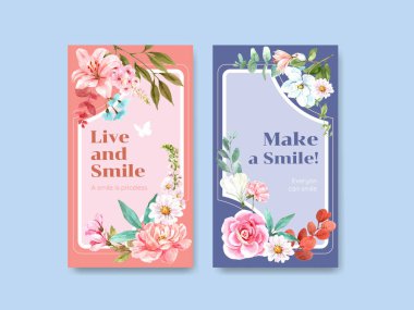 Instagram şablonu çiçek buketi tasarımı sosyal medya ve topluluk suluboya vektör çizimi için gülen gün konsepti