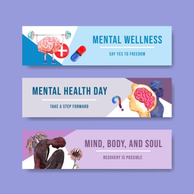 Sulu boya vektörü illüstrasyonunun reklam ve pazarlanması için dünya ruhsal sağlık günü konsepti tasarımı ile banner şablonu