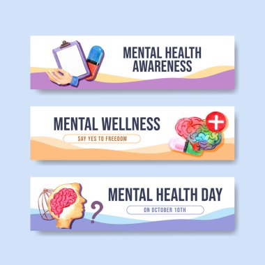 Sulu boya vektörü illüstrasyonunun reklam ve pazarlanması için dünya ruhsal sağlık günü konsepti tasarımı ile banner şablonu