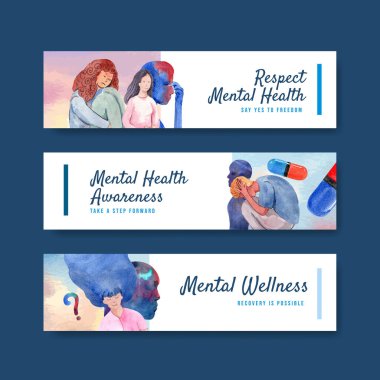 Sulu boya vektörü illüstrasyonunun reklam ve pazarlanması için dünya ruhsal sağlık günü konsepti tasarımı ile banner şablonu